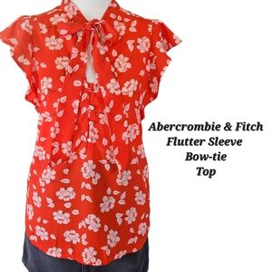 Abercrombie & Fitch Red Floral Top Flutter Sleeves Y2K Top Red White Black XS